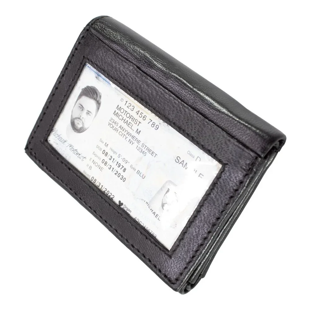 Men Trifold Wallet, Lambskin Leather Wallet Black